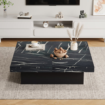 Modern Black Square Coffee Table, Marble Look, 90 X 90 X 25 Cm - Four Drawers, Sliding Tabletop, Load Capacity Up To 30 Kg