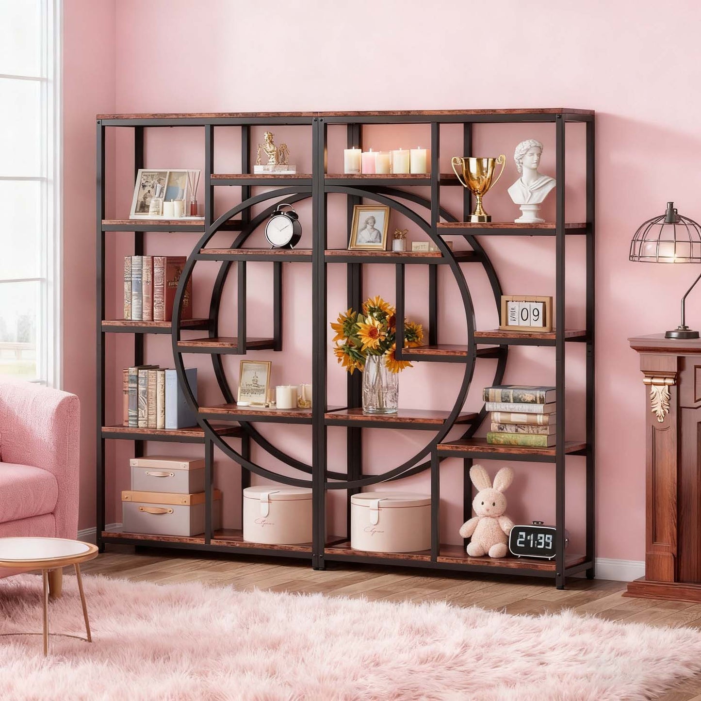 Tall 5-Tier Industrial Bookcase with 9-Shelf Open Storage - Rustic Modern Freestanding Shelving Unit Suitable for Living Room, Bedroom, Christmas Decor - Wood & Metal Frame, Assembly, Space-Saving Vertical Organizer