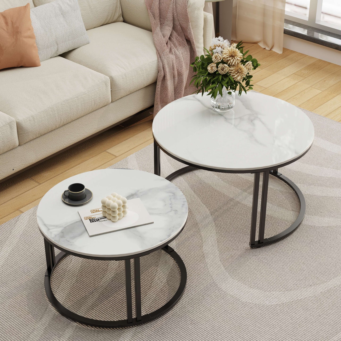 Salontafel – Bijzettafel – Woonkamertafel – Koffietafel – Nestbare Tafels – Set Van 2 – Wit Marmerlook – Zwart Metalen Frame – Groot 70x40 cm – Klein 57x35 cm