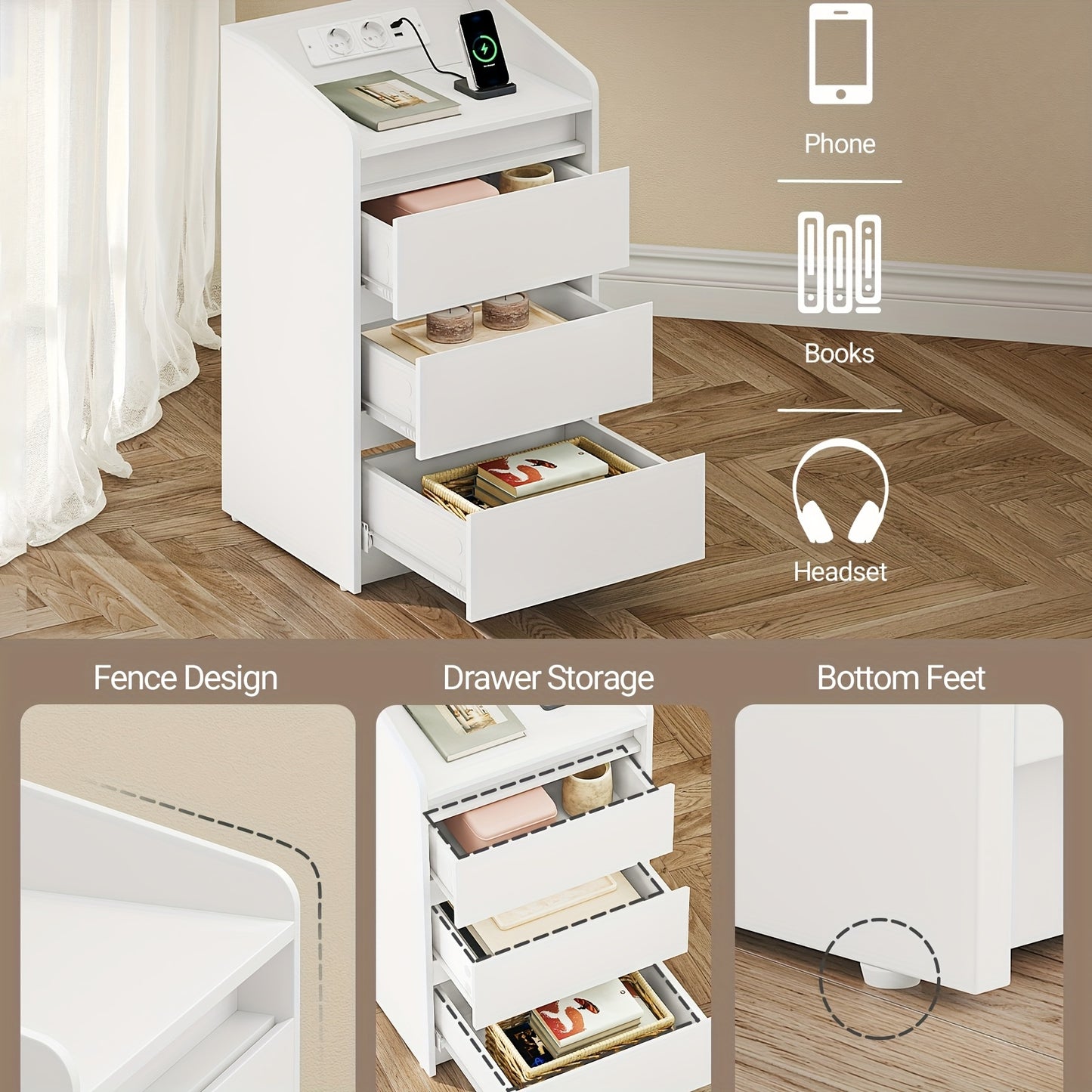 Nachtkastje – Bedside Table – Nachtkast – Bijzettafel – Smal Nachtkastje – Set van 2 – Oplaadstation met 2 AC & 2 USB Poorten – Sfeervolle LED-verlichting met Afstandsbediening – Wit – 3 Lades – Compact Design