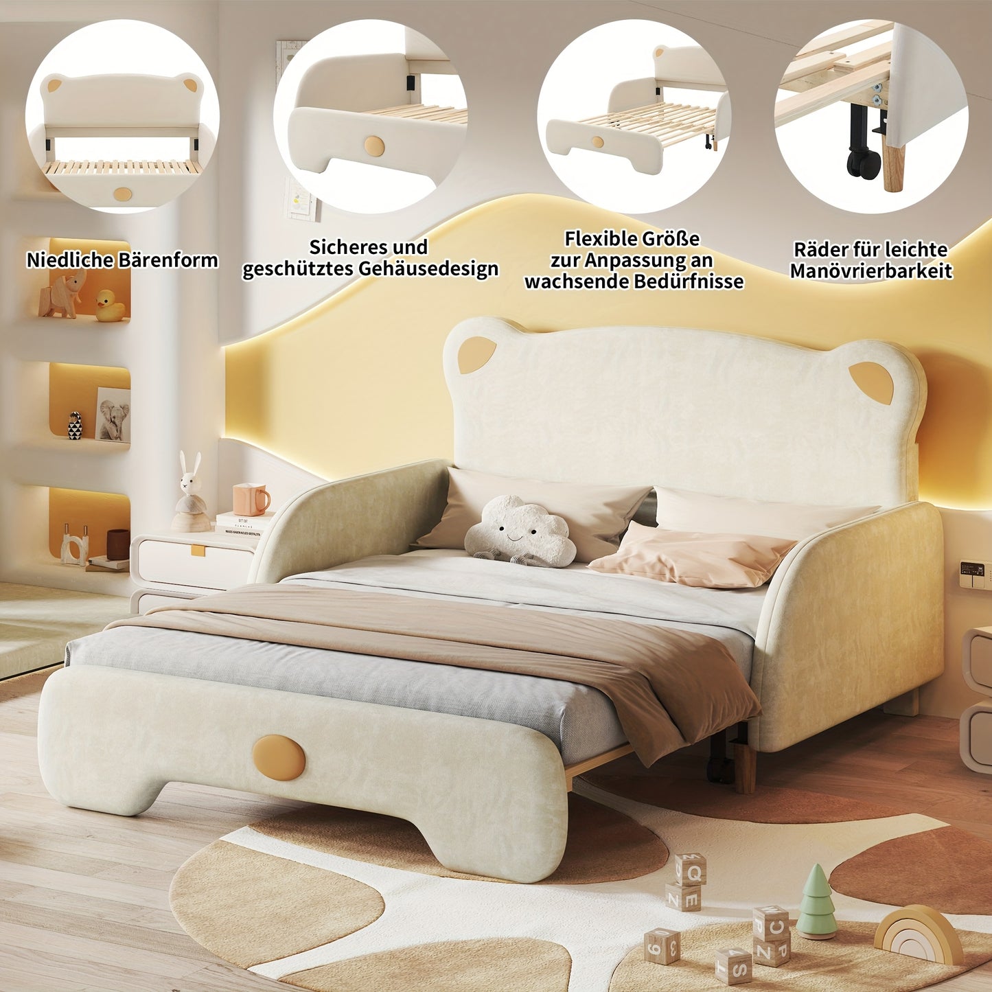 Berenbed – Berenbedbank – Kinderbed – Slaapbank – Uitschuifbed – Beige Kleur – Zachte Beschermranden – Duurzaam Bamboe Materiaal
