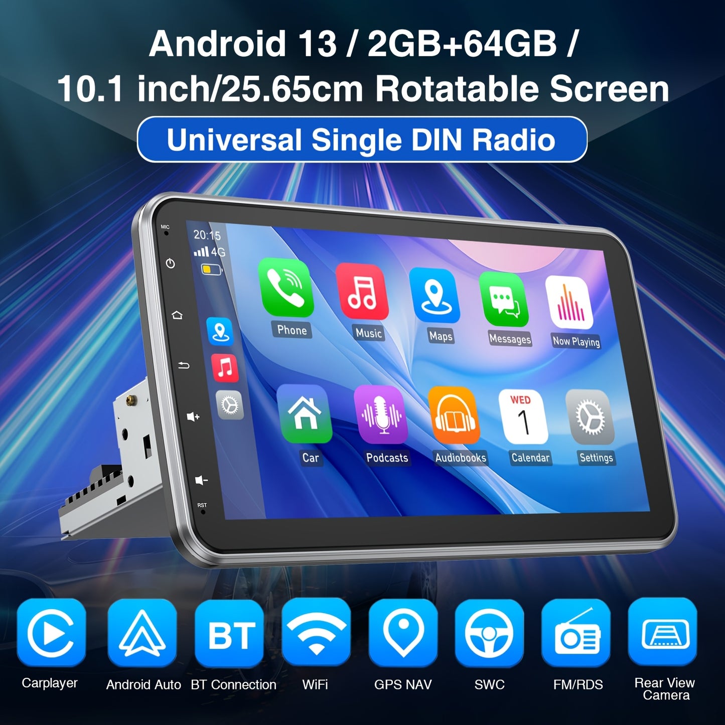 Autoradio – Multimedia Speler – Navigatiesysteem – Touchscreen Radio – Car Stereo – Met Draaibaar 10,1 Inch Scherm – Inclusief Achteruitrijcamera & Microfoon