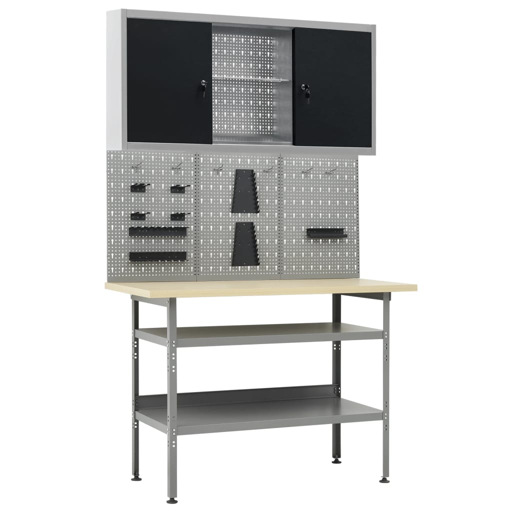 Werkbank – Werktafel – Klusbank – Werkbank Met Opbergruimte – Garage Werkbank Grijs – Drie Wandpanelen – Ruime Opbergkast