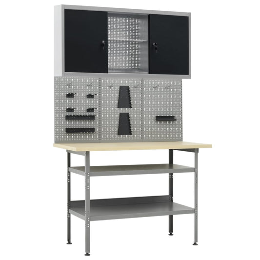 Werkbank – Werktafel – Klusbank – Werkbank Met Opbergruimte – Garage Werkbank Grijs – Drie Wandpanelen – Ruime Opbergkast