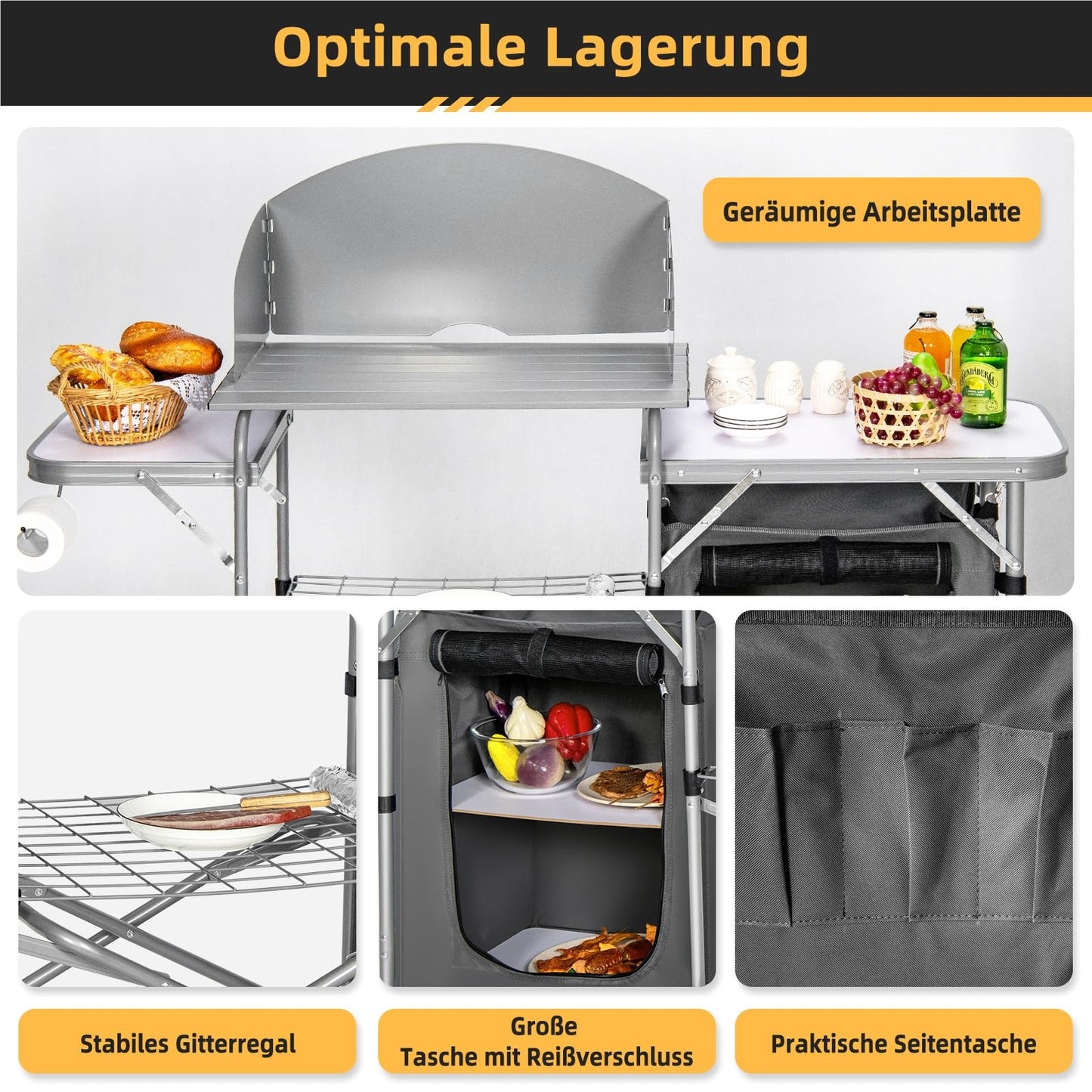 Campingkastje – Campingtafel – Outdoor Kastje – Vouwkastje – Campingmeubel – Aluminium Frame – Windschermen & Opbergtas – Compact & Lichtgewicht