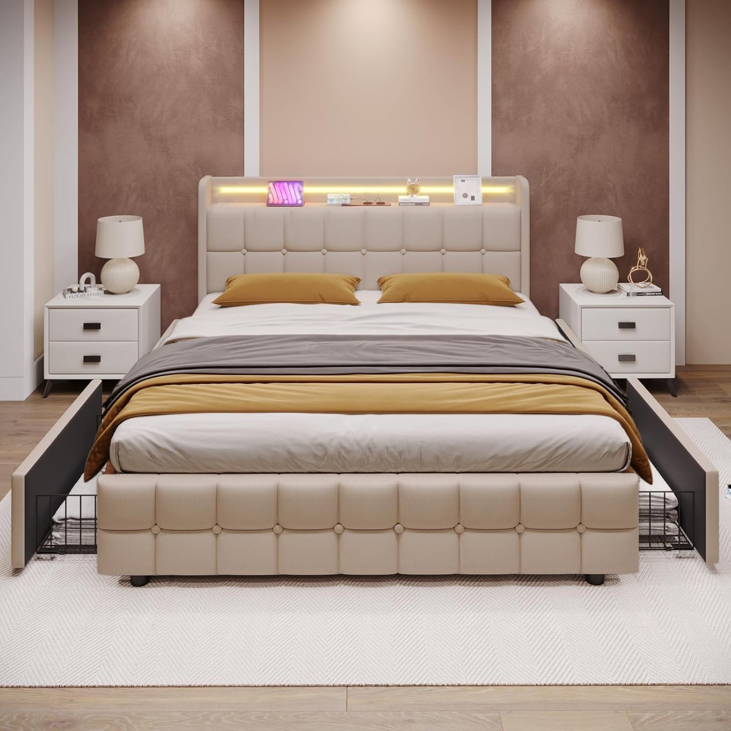 Tweepersoonsbed – Opbergbed – Gestoffeerd Bed – Bed 160x200 – Slaapbed – Met LED Verlichting – 4 Lades – USB Oplader – Houten Frame – Beige