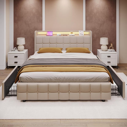 Tweepersoonsbed – Opbergbed – Gestoffeerd Bed – Bed 160x200 – Slaapbed – Met LED Verlichting – 4 Lades – USB Oplader – Houten Frame – Beige