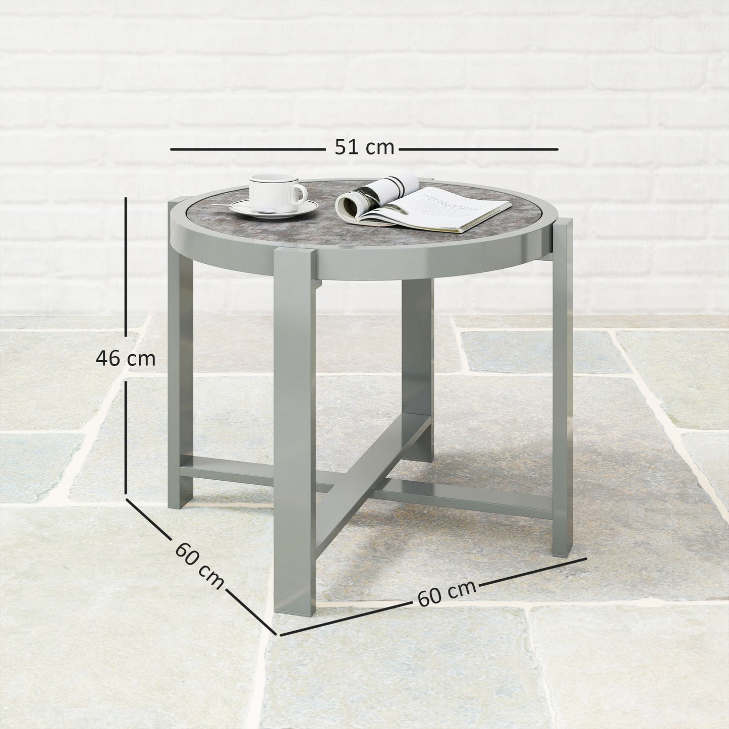 Bijzettafel – Bijzettafeltje – Sidetable – Tuinmeubel – Balkon Tafel – Grijs – Weerbestendig Aluminium – Marmerlook Blad – Compact Design – Onderhoudsvriendelijk