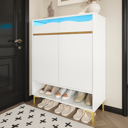Schoenenkastje – Schoenenrek – Schoenenopberger – Schoenenkast – Schoenenhouder – Modern – Ruimtebesparend – Wit Metaal – Gouden Deur