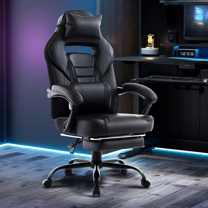 Ergonomic Gaming Chair with Massage Lumbar Support & Retractable Footrest - 360° Swivel, Height-Adjustable Computer Desk Chair with Headrest & Backrest Cushion, Quiet-Rolling Casters for Office & Home, Easy Assembly (No Tool