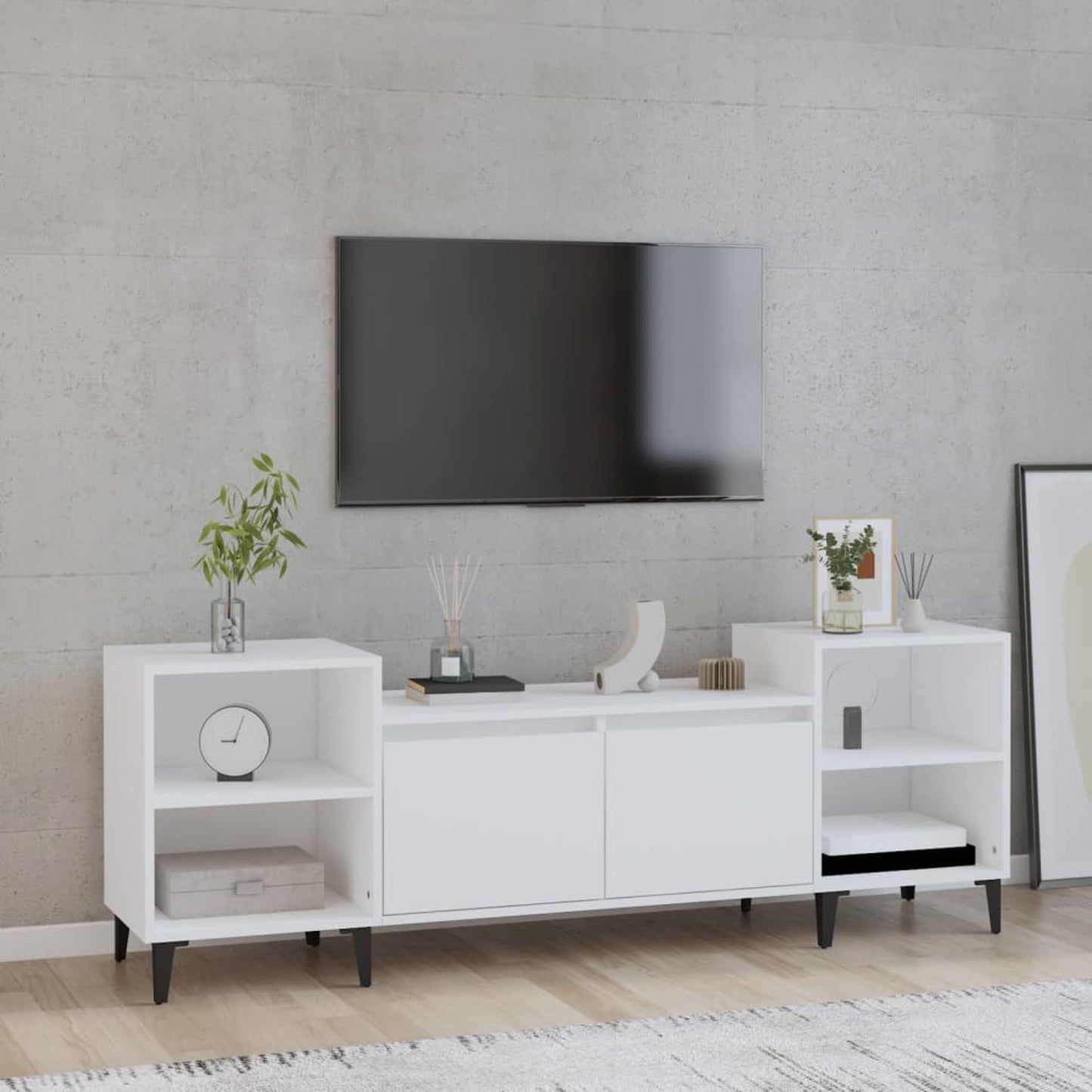 TV Cabinet White 160x35x55cm Engineered Wood TV Stand Entertainment Center with Storage, Media Television Table for Living Room Bedroom