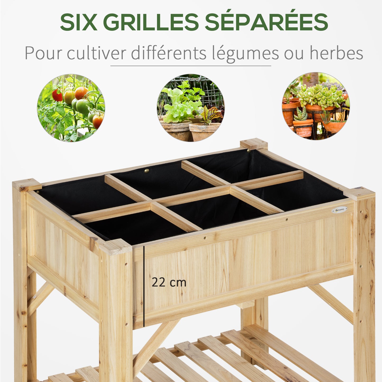 Outsunny Garden Planter on Legs - Square Planter with Shelf - Dim. 78L X 58W X 81H Cm - 6 Compartments - Felt Drainage Included - Pre-Oiled Pine Wood