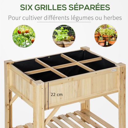 Outsunny Garden Planter on Legs - Square Planter with Shelf - Dim. 78L X 58W X 81H Cm - 6 Compartments - Felt Drainage Included - Pre-Oiled Pine Wood
