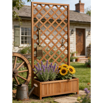 Brown Solid Fir Wood Plant Pot with Trellis | Small Apartment Balcony Festive Climbing Plants, Easy Assembly, Space-Saving, Modern Style, Plaid Pattern, Lacquered
