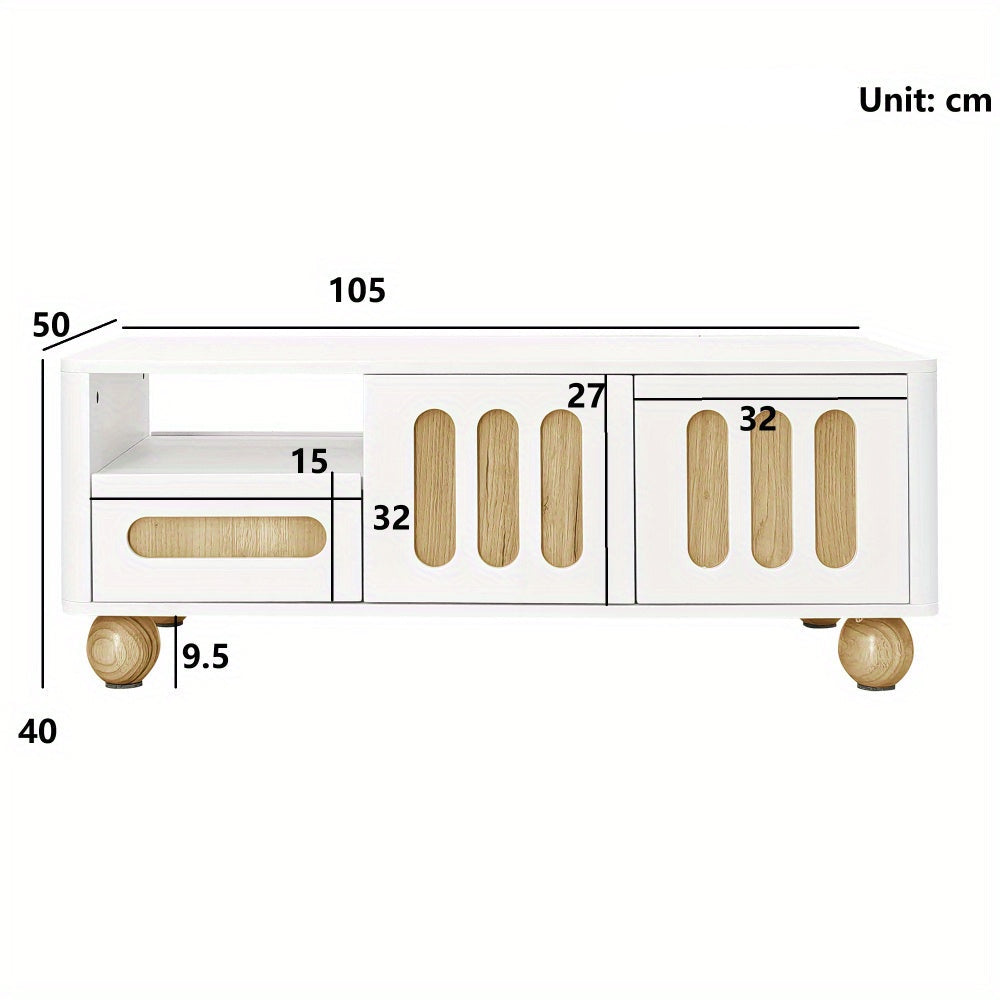 Salontafel – Woonkamermeubel – Koffietafel – Tafeltje – Modern Tafeltje – Wit Met Houtlook – 4 Deuren & 2 Laden – Afgeronde Hoeken & Bolvormige Poten