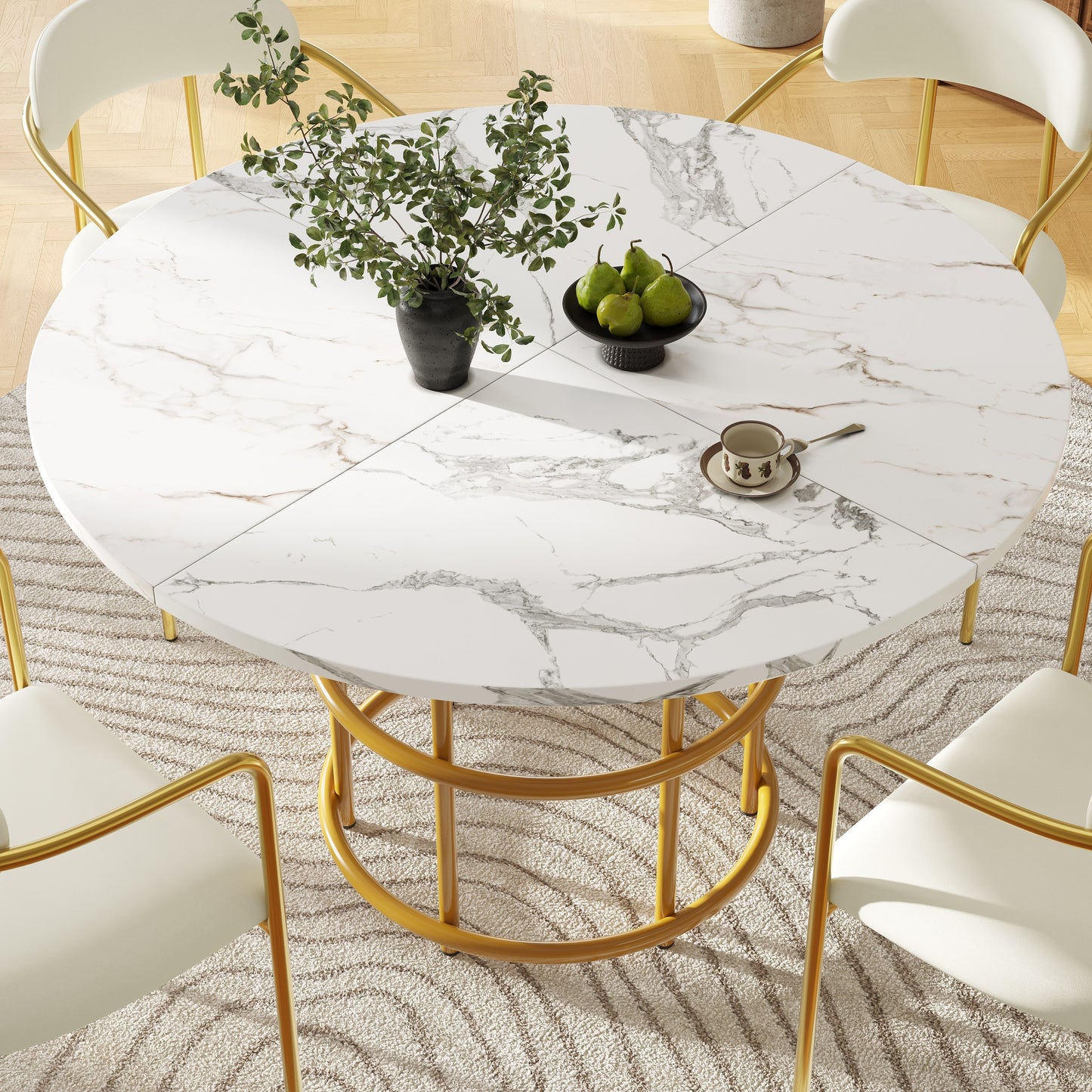 Ronde Eettafel – Eettafel Rond – Keukentafel – Tafel Marmerlook – Tafeltje Goudkleurig Metaal – 100 cm Diameter – Verstelbare Poten