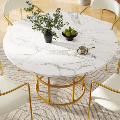 Ronde Eettafel – Eettafel Rond – Keukentafel – Tafel Marmerlook – Tafeltje Goudkleurig Metaal – 100 cm Diameter – Verstelbare Poten