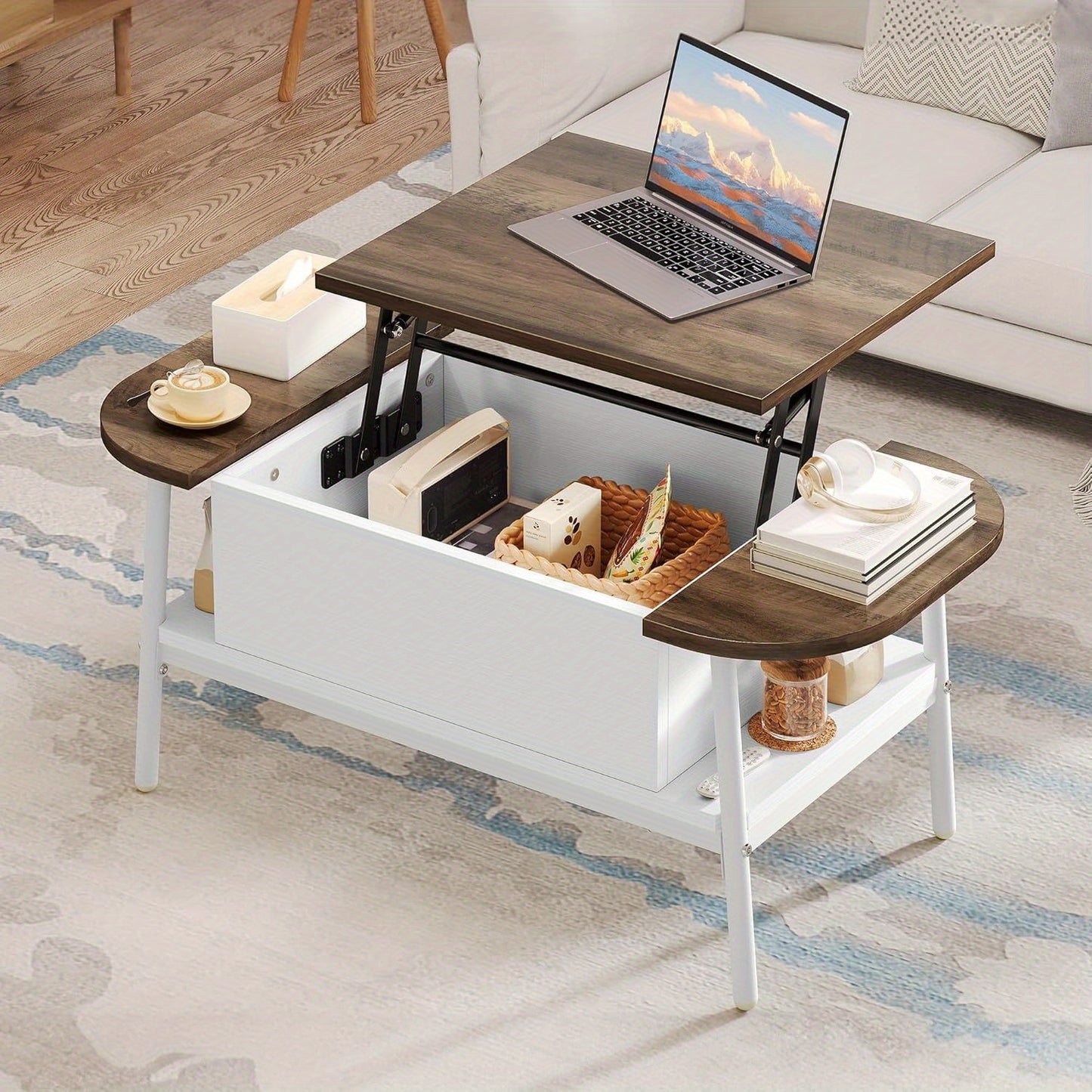 Salontafel – Koffietafel – Woonkamertafel – Verstelbare Tafel – Ovale Tafel – Verstelbare Hoogte – Verborgen Opbergruimte – Wit Hout – 100x50x42 cm