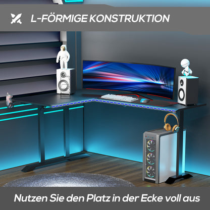 L-vormig Gaming Bureau – Gaming Desk – Computerbureau – Game Tafel – Werkplek Bureau – Metalen Frame – Hoofdtelefoonhouder en Bekerhouder – 168x109x78 cm – Zwart met Rode Accenten