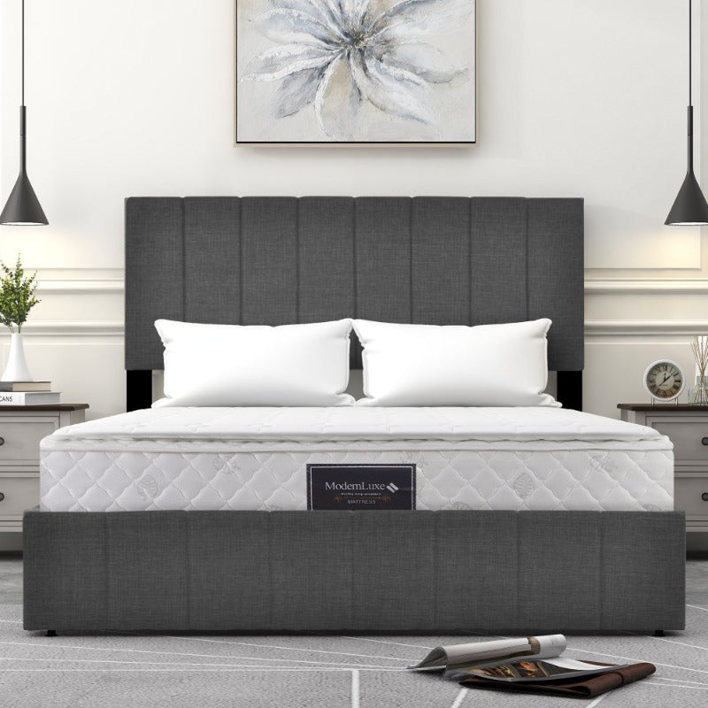 Opbergbed – Opbergboxspring – Gestoffeerd Bed – Tweepersoonsbed – Platformbed – Hydraulisch Systeem – Verstelbaar Hoofdeinde – Metalen Frame – Inclusief Matras – Ruimtebesparend