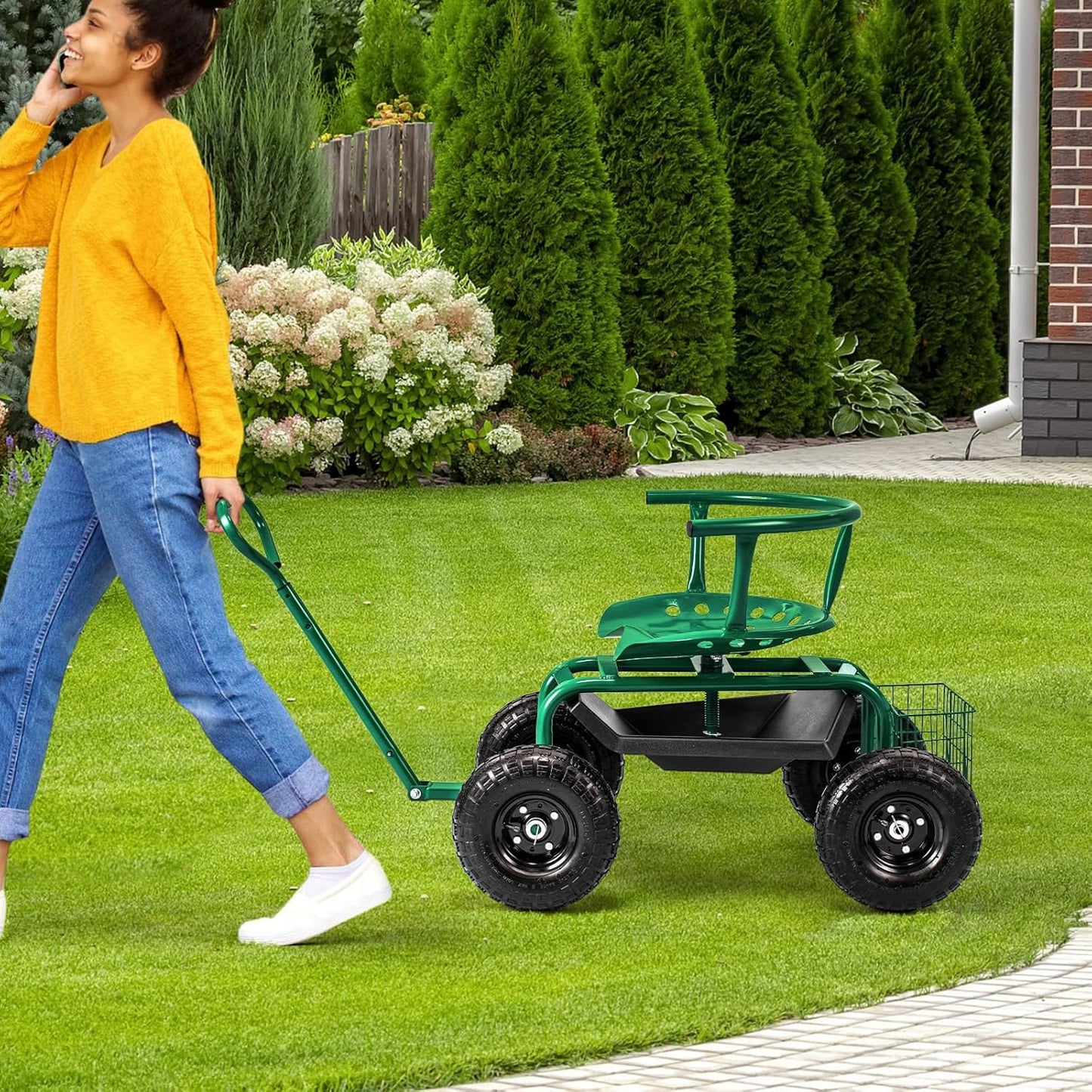 Tuinwagen – Tuinkar – Tuintrolley – Tuinwagen Met Zit – Tuinkar Met Opbergruimte – Verstelbaar 360° Draaibaar Zitje – 26 cm Antislipwielen