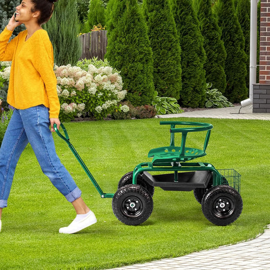 Tuinwagen – Tuinkar – Tuintrolley – Tuinwagen Met Zit – Tuinkar Met Opbergruimte – Verstelbaar 360° Draaibaar Zitje – 26 cm Antislipwielen