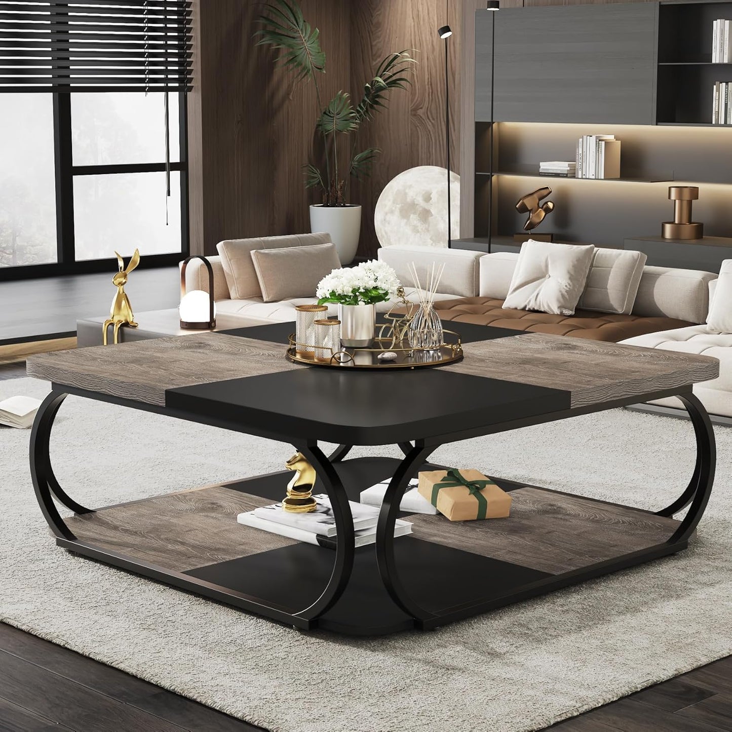 Salontafel – Koffietafel – Woonkamertafel – Theetafel – Bijzettafel – Modern Vierkant Ontwerp – Open Opbergruimte – Metaal Houtcomposiet – 100x100x50 cm – Zwart Grijsbruin
