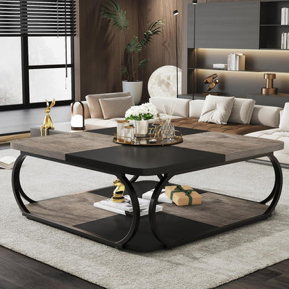 Salontafel – Koffietafel – Woonkamertafel – Theetafel – Bijzettafel – Modern Vierkant Ontwerp – Open Opbergruimte – Metaal Houtcomposiet – 100x100x50 cm – Zwart Grijsbruin