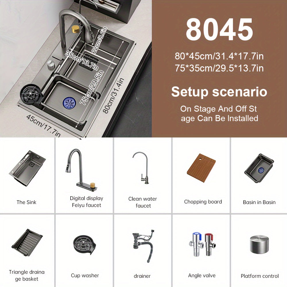 80×45cm Contemporary Rectangular Stainless Steel Kitchen Sink, Flying Rain Waterfall Effect, Right Side Draining with Pull-Down Tap and Cutting Board & Glass Rack Included Multiple Accessories Easy Installation Suitable for