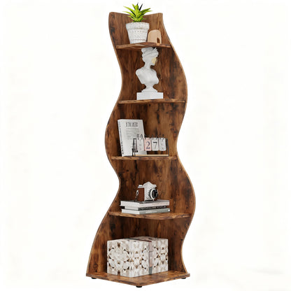 Boekenplank – Boekenrek – Wandplank – Wandrek – Boekenhouder – 5 Laags – Vrijstaand MDF Hout – Golvend Design – Retro Bruin