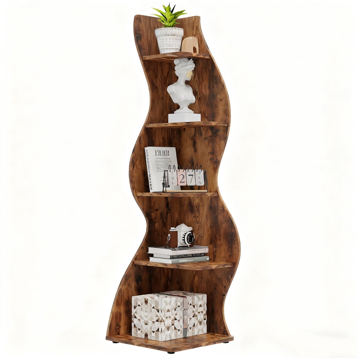 Boekenplank – Boekenkast – Wandplank – Boekenrek – Opbergrek – Golvend Modern Design – 5 Ruime Planken – Massief Hout & MDF – Vrijstaand Retro Bruin