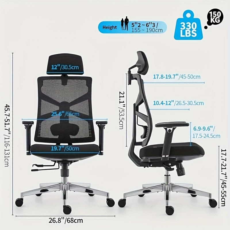 Ergonomische Bureaustoel – Kantoorstoel – Werkstoel – Computerstoel – Gamingstoel – Ademend Mesh – 4D Verstelbare Armleuningen – Verstelbare Hoofd- en Lendensteun – Traagschuim Zitkussen – 360° Draaibaar – Wit Frame