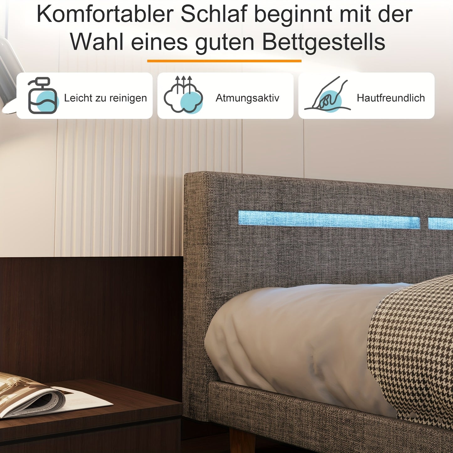 Bedframe – Tweepersoonsbed – Platformbed – Ledikant – Slaapkamerbed – 90x200 cm – Stijlvolle Donkergrijze Bekleding – Stevige Constructie Met Opbergruimte Onderbed