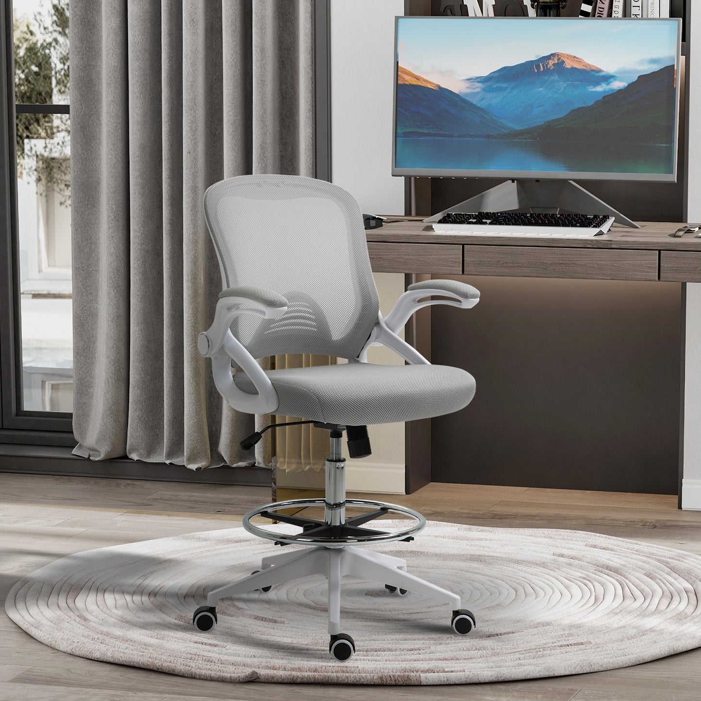 Bureaustoel – Office Chair – Werkstoel – Draaistoel – Bureaustoel Met Wieltjes – Verstelbare Hoogte – Ademend Mesh Grijs-Wit