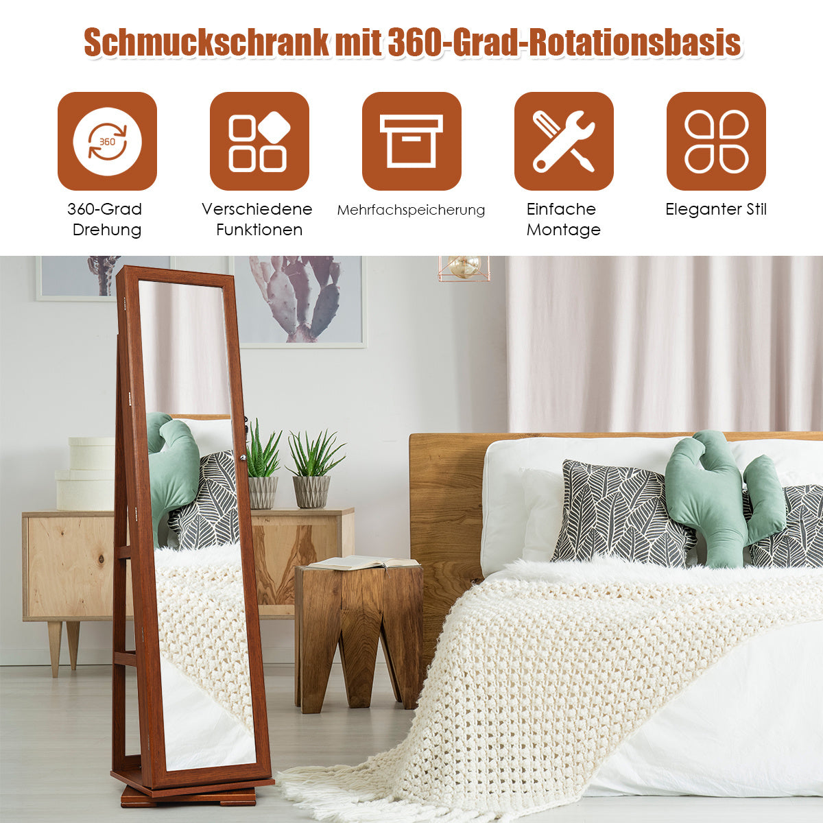 Sieradendoos – Sieradenkast – Juwelendoos – Sieradenopberger – Sieradenhouder – Vrijstaand Met Spiegel – Met Slot En Sleutels – MDF Bruin – 360° Draaibaar