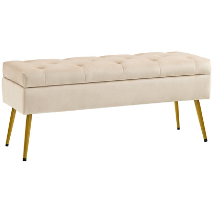 Opbergbank – Opbergbank – Poef – Zitbank – Hocker – Beige Velvet-Look – Getufte Bekleding – Stevig Metalen Frame – 102x35x43 cm