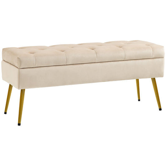 Opbergbank – Opbergbank – Poef – Zitbank – Hocker – Beige Velvet-Look – Getufte Bekleding – Stevig Metalen Frame – 102x35x43 cm