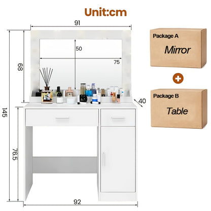 Makeuptafel – Kaptafel – Make-up Tafel – Schoonheidstafel – Cosmeticatafel – Zwart – Grote Spiegel – 2 Laden & Kast – Stevige Constructie