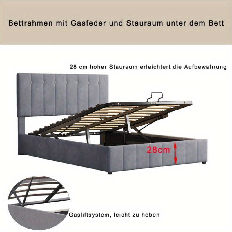 Gestoffeerd Tweepersoonsbed – Opbergbed – Slaapbank – Bedframe – Hydraulisch Bed – 140x200 cm – Fluwelen Hoofdbord – Metalen Lattenbodem