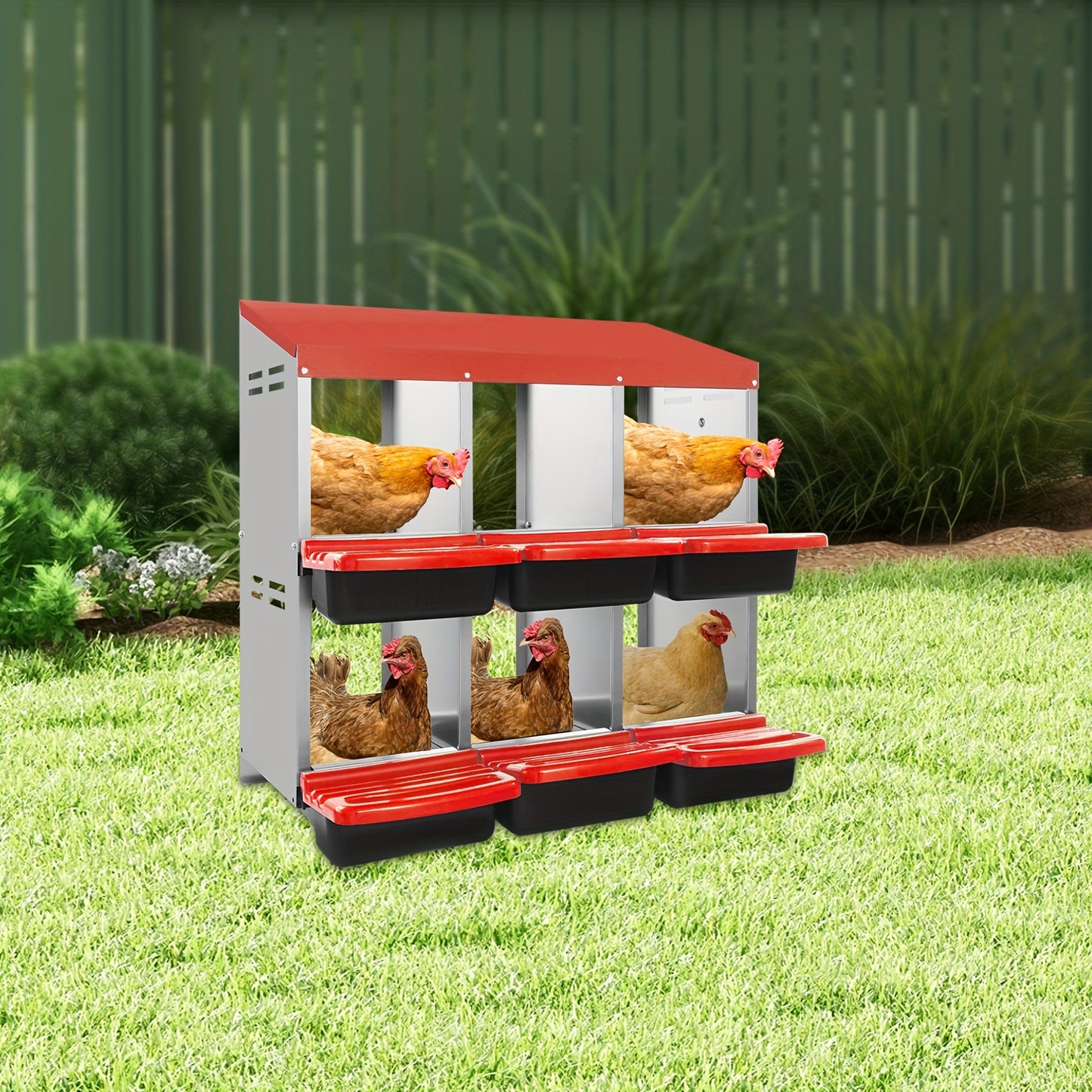 6-Compartment Heavy-Duty Plastic Chicken Nesting Box with Ventilation System & Egg Collection - Red Outdoor/Indoor Egg Laying Station, Easy-Clean Design, No Batteries/Electricity, Durable Weatherproof Construction for Backyar