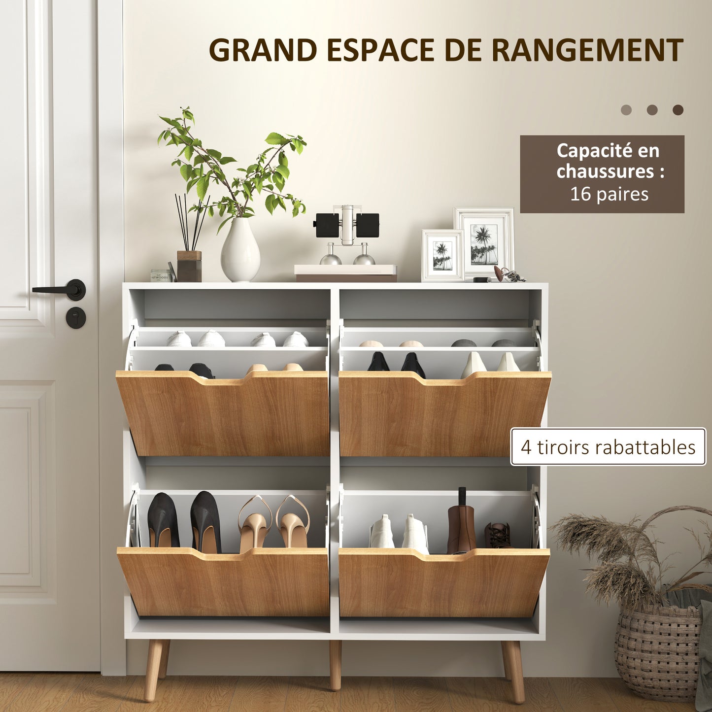 Schoenenkast – Schoenenrek – Schoenenopberger – Schoenenbank – 4 Deuren – 16 Paar Ruimte – Spaanplaat Met Houten Poten – Smal En Hoog Design
