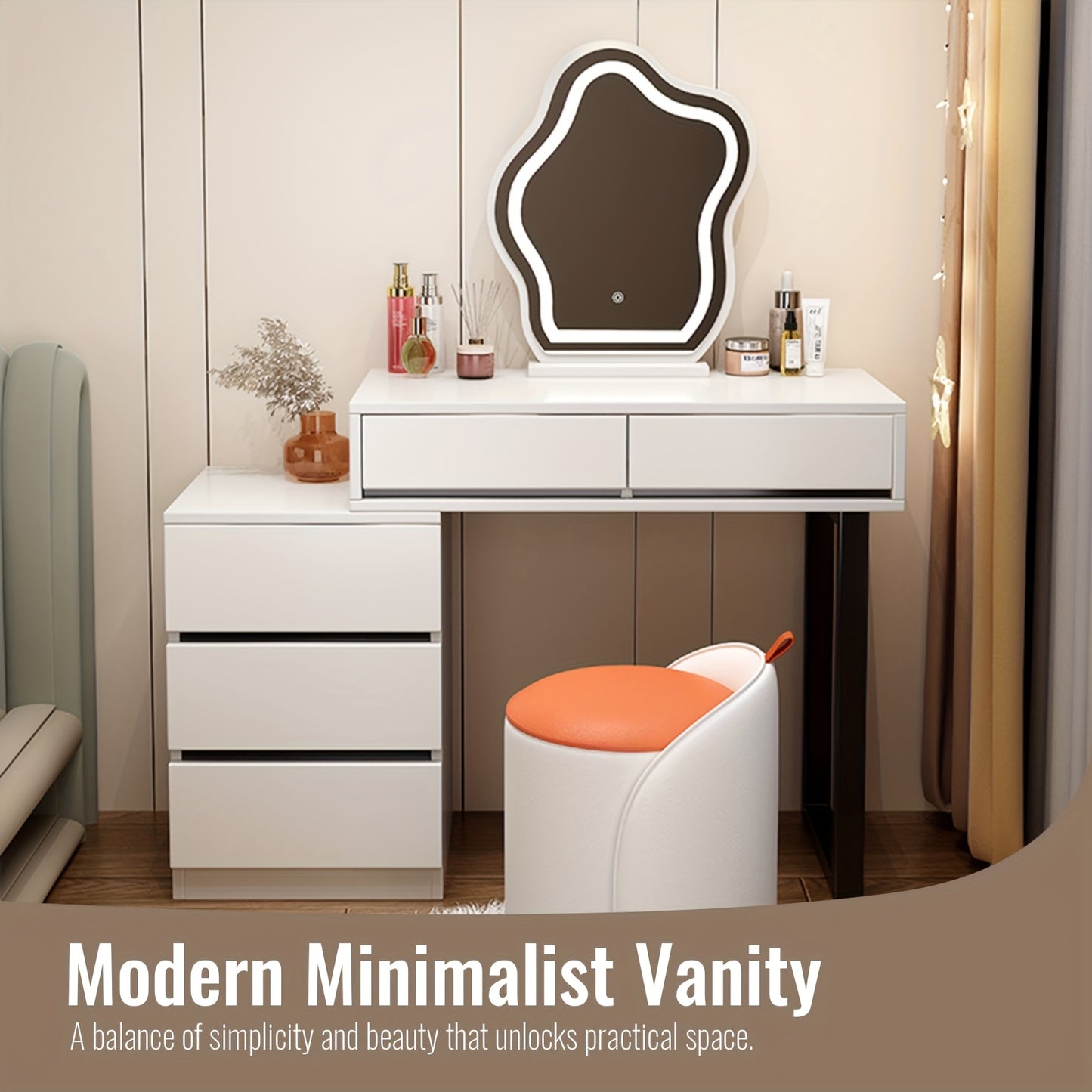 Makeuptafel – Kaptafel – Make-up Tafel – Schminktisch – Cosmetica Tafel – 5 Lades – MDF Met Metaal – Modern Wit Met Spiegel – Compact & Ruim Opbergmeubel – 69 cm Hoog - QUORE
