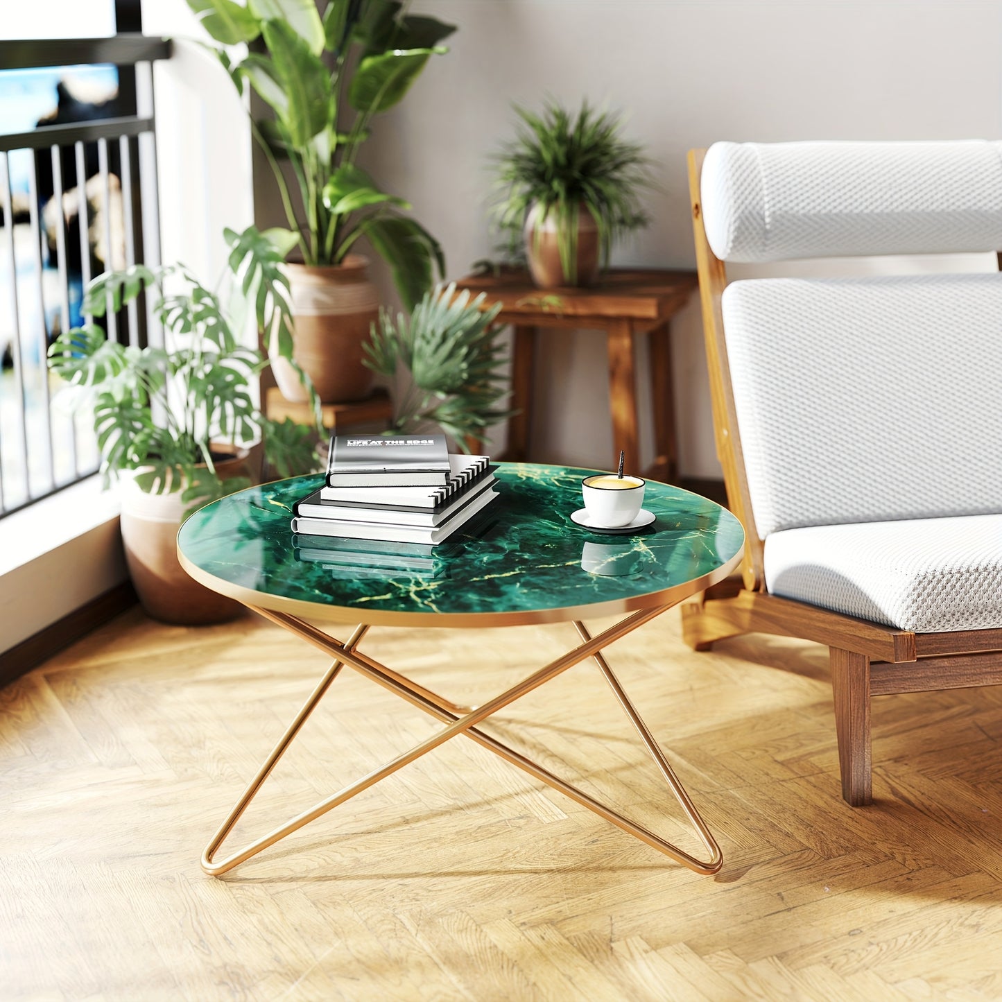 Bijzettafel – Side Table – Salontafel – Nachtkastje – Plantentafel – Ronde MDF Tafel – Marmerlook Met Gouden Accenten – 89,99 cm Diameter, 34,04 cm Hoogte