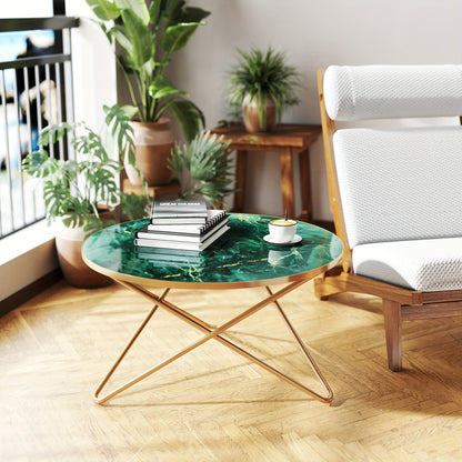 Bijzettafel – Side Table – Salontafel – Nachtkastje – Plantentafel – Ronde MDF Tafel – Marmerlook Met Gouden Accenten – 89,99 cm Diameter, 34,04 cm Hoogte
