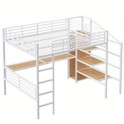 Hoogslaper – Stapelbed – Kinderbed – Eenpersoonsbed – Meubel – Met Bureau en Open Kledingrek – 140x200 cm – Wit Metaal – Stevig Frame & Ruime Opbergruimte