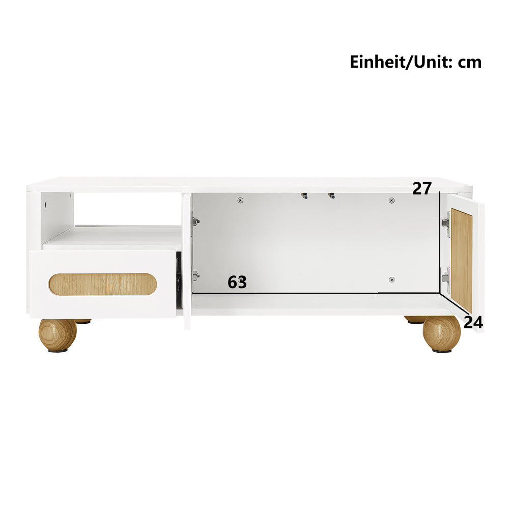 Salontafel – Koffietafel – Woonkamertafel – Bijzettafel – Tafel – Wit Houtlook – 105x50x40 cm – Met 4 Deuren en 2 Lades – Afgeronde Hoeken en Bolvormige Poten