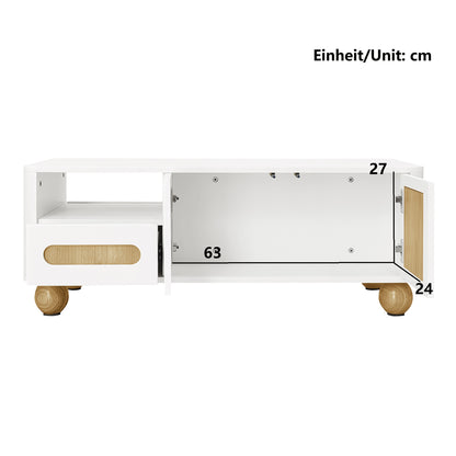 Salontafel – Koffietafel – Woonkamertafel – Bijzettafel – Tafel – Wit Houtlook – 105x50x40 cm – Met 4 Deuren en 2 Lades – Afgeronde Hoeken en Bolvormige Poten