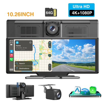 Dashcam – Auto Camera – Multimediasysteem – Recorder – Achteruitrijcamera – 10,26 Inch IPS Touchscreen – 4K Voorcamera & 1080p Achtercamera – Draadloze CarPlay & Android Auto – 64GB Geheugenkaart