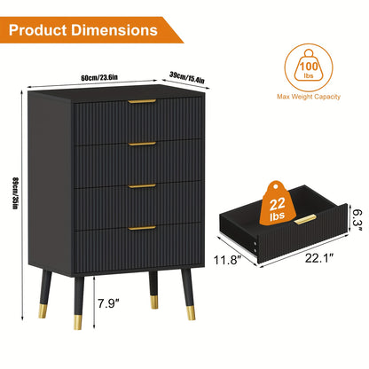 Ladekast – Ladekasten – Dressoir – Opbergkast – Ladenkast Zwart – Fluted Design – Gouden Metalen Poten – Compact Formaat – Geen Montage Nodig