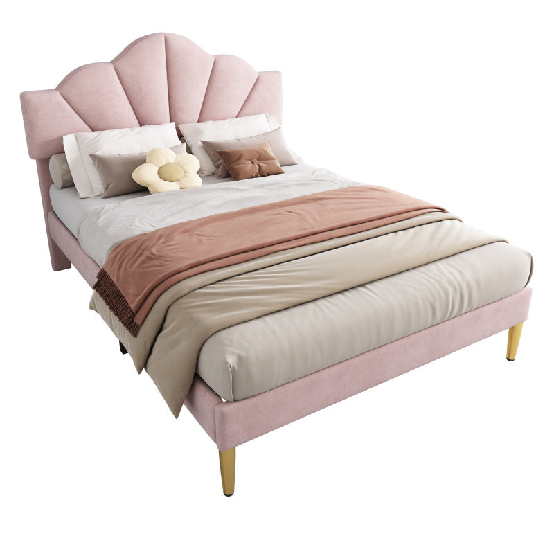 Gestoffeerd Tweepersoonsbed – Bed – Slaapbed – Platformbed – Velvet Bed – Roze Velvet Bekleding – Verstelbaar Hoofdeinde – Gouden Metalen Pootjes